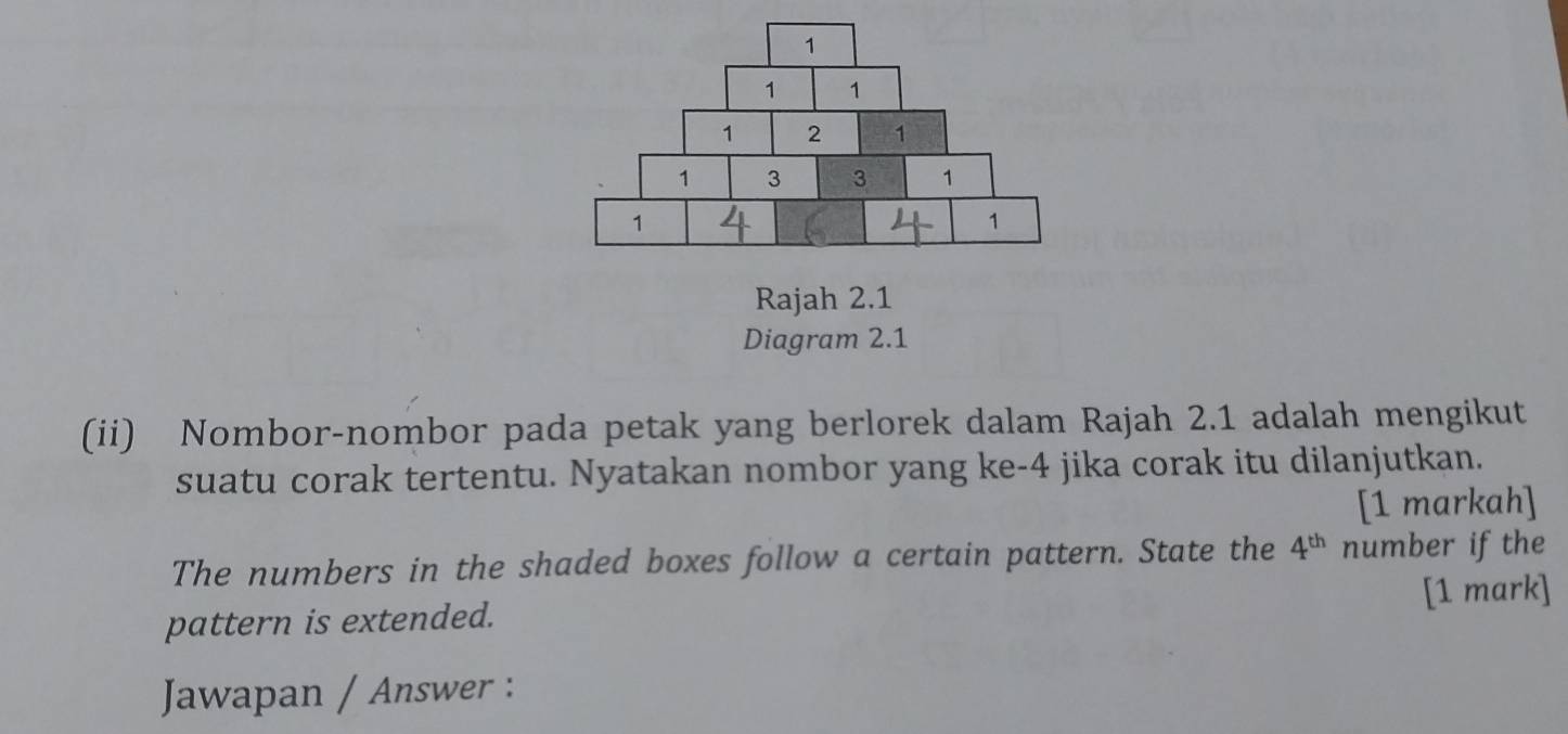 Rajah 2.1 
Diagram 2.1 
(ii) Nombor-nombor pada petak yang berlorek dalam Rajah 2.1 adalah mengikut 
suatu corak tertentu. Nyatakan nombor yang ke -4 jika corak itu dilanjutkan. 
[1 markah] 
The numbers in the shaded boxes follow a certain pattern. State the 4^(th) number if the 
[1 mark] 
pattern is extended. 
Jawapan / Answer :