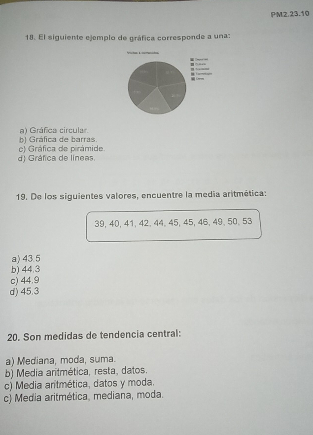 PM2.23.10
18. El siguiente ejemplo de gráfica corresponde a una:
a) Gráfica circular.
b) Gráfica de barras.
c) Gráfica de pirámide.
d) Gráfica de líneas.
19. De los siguientes valores, encuentre la media aritmética:
39, 40, 41, 42, 44, 45, 45, 46, 49, 50, 53
a) 43.5
b) 44.3
c) 44.9
d) 45.3
20. Son medidas de tendencia central:
a) Mediana, moda, suma.
b) Media aritmética, resta, datos.
c) Media aritmética, datos y moda.
c) Media aritmética, mediana, moda.