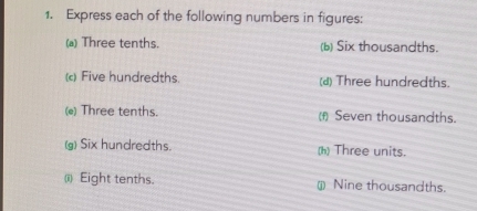 Express each of the following numbers in figures: 
(a) Three tenths. (b) Six thousandths. 
(c) Five hundredths. (a) Three hundredths. 
(e) Three tenths. (f) Seven thousandths. 
(g) Six hundredths. (h) Three units. 
(i) Eight tenths. ( Nine thousandths.