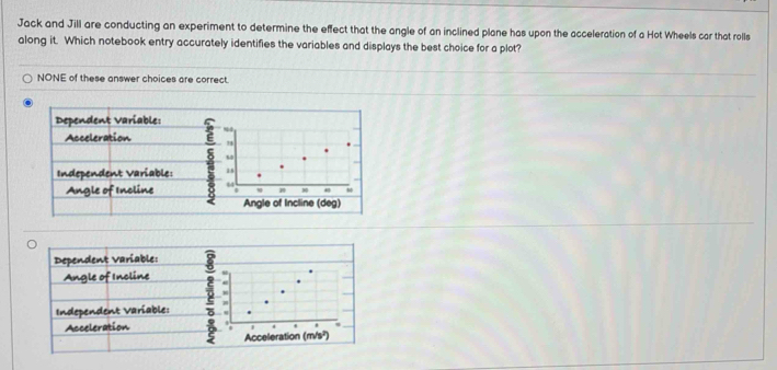 Jack and Jill are conducting an experiment to determine the effect that the angle of an inclined plane has upon the acceleration of a Hot Wheels car that rolls
along it. Which notebook entry accurately identifies the variables and displays the best choice for a plot?
NONE of these answer choices are correct.
as
44
4 80
Angle of Incline (deg)
Dependent Variable:
Angle of Incline
Independent Variable: 2 ,
Acceleration
Acceleration (m/s²)