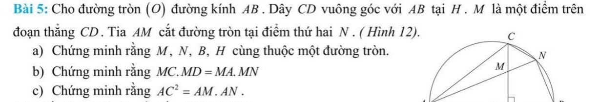 Cho đường tròn (O) đường kính AB. Dây CD vuông góc với AB tại H. M là một điểm trên 
đoạn thắng CD. Tia AM cắt đường tròn tại điểm thứ hai N. ( Hình 12 
a) Chứng minh rằng M, N, B, H cùng thuộc một đường tròn. 
b) Chứng minh rằng MC. MD=MA.MN
c) Chứng minh rằng AC^2=AM.AN.