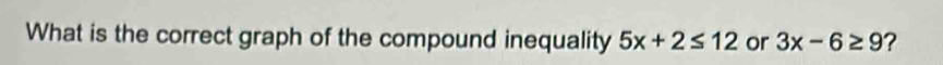 What is the correct graph of the compound inequality 5x+2≤ 12 or 3x-6≥ 9 ?