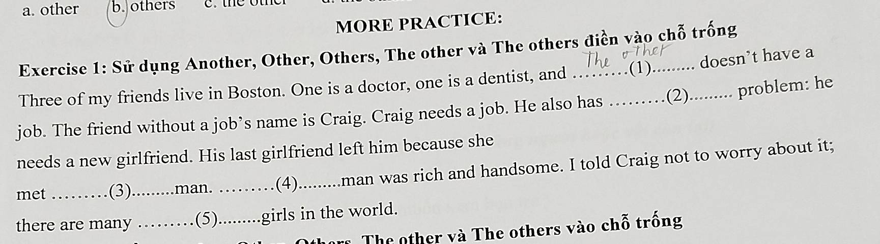 a. other b. others
MORE PRACTICE:
Exercise 1: Sử dụng Another, Other, Others, The other và The others điền vào chỗ trống
Three of my friends live in Boston. One is a doctor, one is a dentist, and . . ..(1) _doesn’t have a
(2).......... problem: he
job. The friend without a job’s name is Craig. Craig needs a job. He also has_
needs a new girlfriend. His last girlfriend left him because she
met ._ (3)_ man. _(4)_ .man was rich and handsome. I told Craig not to worry about it;
there are many _(5).........girls in the world.
The other và The others vào chỗ trống