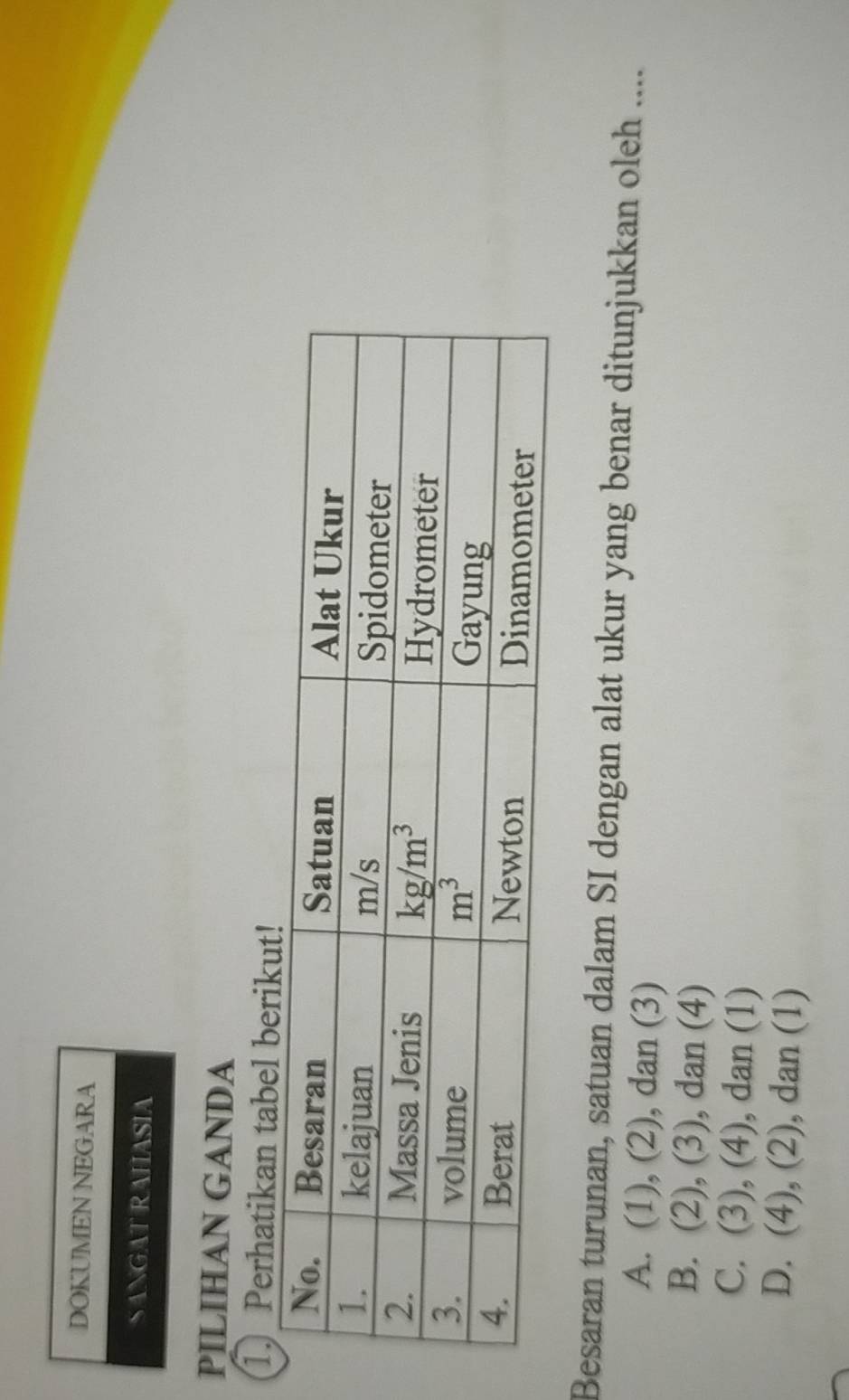 DOKUMEN NEGARA
S ANGAT RAHASIA
PILIHAN GANDA
1. Perhatikan tabel ber
Besaran turunan, satuan dalam SI dengan alat ukur yang benar ditunjukkan oleh ....
A. (1), (2), dan (3)
B. (2), (3), dan (4)
C. (3), (4), , dan (1)
D. (4), (2) , dan (1)