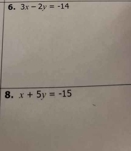 3x-2y=-14
8. x+5y=-15