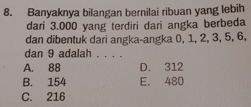 Banyaknya bilangan bernilai ribuan yang lebih
dari 3.000 yang terdiri dari angka berbeda
dan dibentuk dari angka-angka 0, 1, 2, 3, 5, 6,
dan 9 adalah . . .
A. 88 D. 312
B. 154 E. 480
C. 216