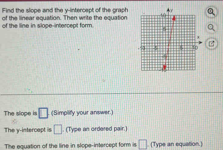 Find the slope and the y-intercept of the graph 
of the linear equation. Then write the equation 
of the line in slope-intercept form. 
The slope is □. (Simplify your answer.) 
The y-intercept is □. (Type an ordered pair.) 
The equation of the line in slope-intercept form is □. (Type an equation.)