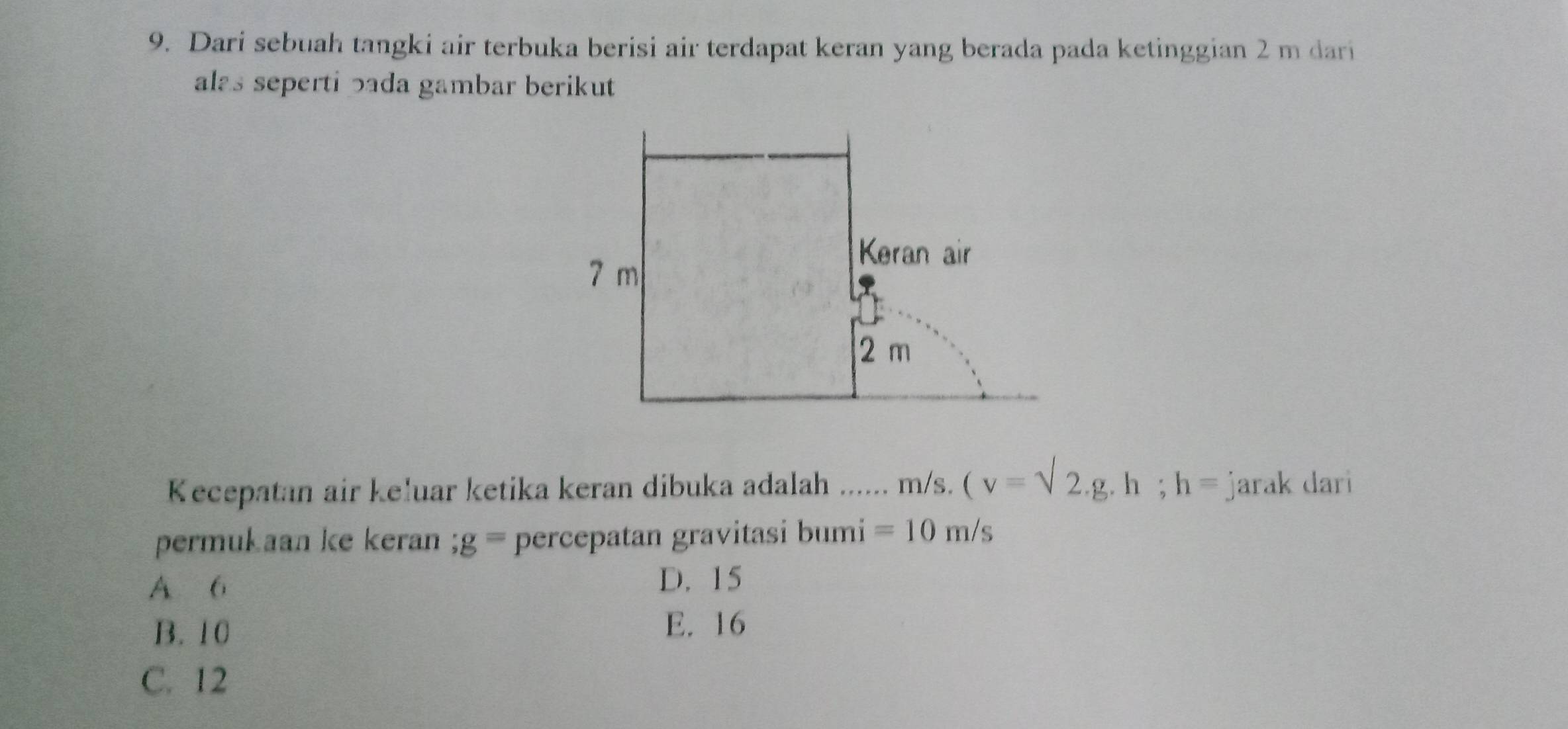 Dari sebuah tangki air terbuka berisi air terdapat keran yang berada pada ketinggian 2 m dari
alas seperti pada gambar berikut 
Kecepatan air keluar ketika keran dibuka adalah ...... m/s. (v=sqrt(2).g. h; h= jarak dari
permukaan ke keran;g= percepatan gravitasi bumi =10m/s
A 6 D. 15
B. 10 E. 16
C. 12