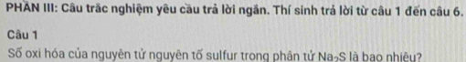 PHAN III: Câu trắc nghiệm yêu cầu trả lời ngăn. Thí sinh trả lời từ câu 1 đến câu 6. 
Câu 1 
Số oxi hóa của nguyên tử nguyên tố sulfur trong phân tử Na¬S là bao nhiệu?