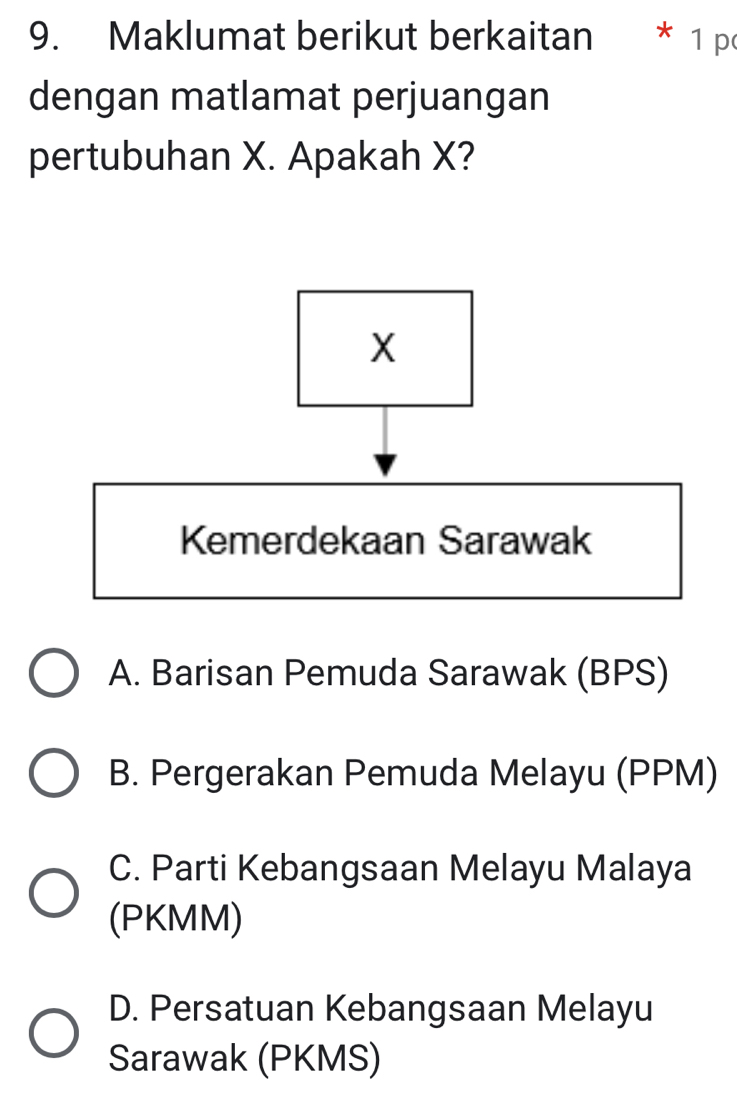 Maklumat berikut berkaitan * 1 p
dengan matlamat perjuangan
pertubuhan X. Apakah X?
X
Kemerdekaan Sarawak
A. Barisan Pemuda Sarawak (BPS)
B. Pergerakan Pemuda Melayu (PPM)
C. Parti Kebangsaan Melayu Malaya
(PKMM)
D. Persatuan Kebangsaan Melayu
Sarawak (PKMS)