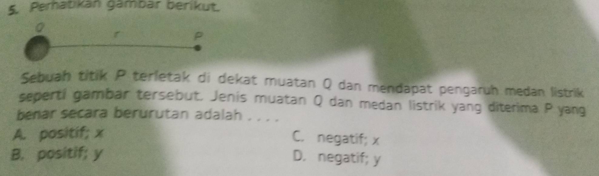 Pematikán gámbär berikut.
0
P
Sebuah titik P terletak di dekat muatan Q dan mendapat pengaruh medan listrik
seperti gambar tersebut, Jenis muatan Q dan medan listrik yang diterima P yang
benar secara berurutan adalah . . . .
A. positif; x
C. negatif; x
B. positif; y
D， negatif; y