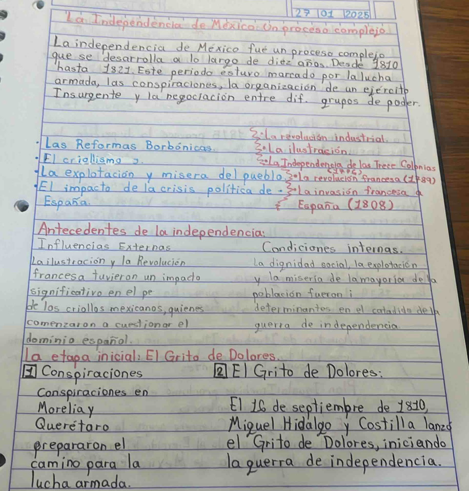 2710112025 
La Independencia de Mexica On proceso complejo 
Laindependencia de Mexico fue un proceso compleia 
gue se desarrolla a lo largo de diez aros. Desde 2810 
hasta 1821. Este periodo esturo marcado por lalucha 
armada, las conspiraciones, la organizacion de un ejercith 
Insurgente y la negociacion entre dif. grupos de poder. 
2la revolucisn industrial. 
Las Reformas Borbonicas. 3oLailustrasion 
EI criollismo s. BoLa Independencla de las Trece Colbnias 
PPC) 
La explotacion y misera del pueblo: 30 1a revolucion francesa (1789)
EI impacto de la crisis politica de. 3 Lainvasion francesao 
Espana. Espana (1808)
Antecedentes de la independencias 
Influencias Externas Condiciones internas. 
Lailustraciony la Revolucion La dignidad social, la explofacion 
francesa tuvieron un impacto y la miseria de lamayoria dela 
significativo en el pe poblacion fueron i 
ble los criollos mexicanos, quienes determinantes en el catadido delp 
comenzaron a cueslionar el querra de independencia 
dominio espanol. 
La etapa inicial: EI Grito deDolores. 
Conspiraciones EI Grito de Dolores: 
Conspiraciones en 
Moreliay 
E1 16 de septiembre de 1810, 
Queretaro Miquel Hidalgo Costilla laned 
prepararon el el Grito de Dolores, iniciando 
camino para la la querra de independencia. 
lucha armada.