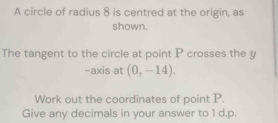 Solved: A circle of radius 8 is centred at the origin, as shown. The ...