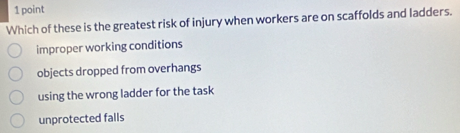 Which of these is the greatest risk of injury when workers are on scaffolds and ladders.
improper working conditions
objects dropped from overhangs
using the wrong ladder for the task
unprotected falls