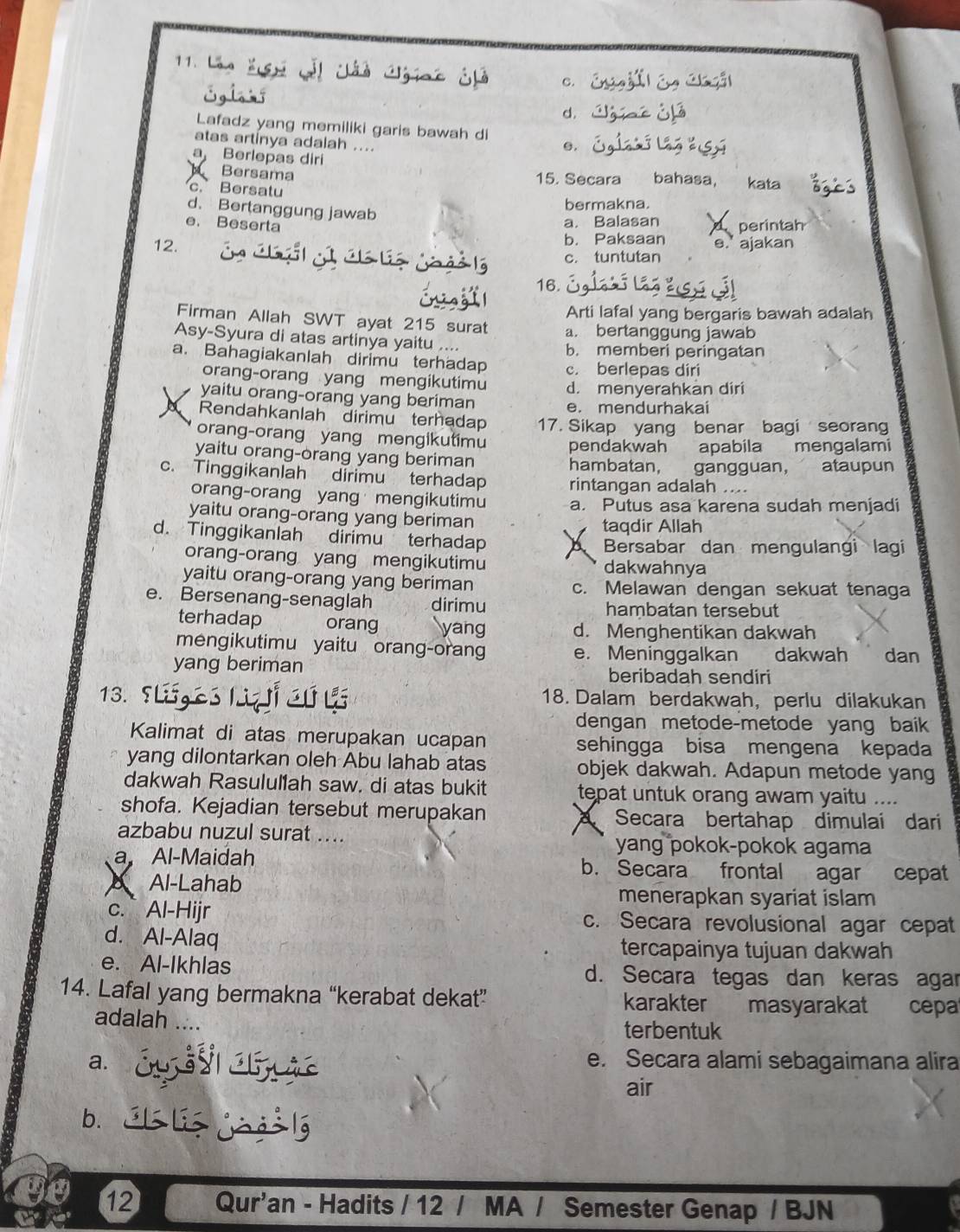 Loa
C.
d.
Lafadz yang memiliki garis bawah di
atas artínya adalah ....
e.
a Berlepas diri . bahasa, kata
Bersama 15. Secara
c.Bersatu
bermakna
d. Bertanggung jawab
a. Balasan
e. Beserta perintah
b. Paksaan e.' ajakan
12. c. tuntutan
j i 16.
Arti lafal yang bergaris bawah adalah
Firman Allah SWT ayat 215 surat a. bertanggung jawab
Asy-Syura di atas artinya yaitu .... b. memberi peringatan
a. Bahagiakanlah dirimu terhadap c. berlepas diri
orang-orang yang mengikutimu d. menyerahkan diri
yaitu orang-orang yang beriman
e. mendurhakai
Rendahkanlah dirimu terhadap 17. Sikap yang benar bagi seorang
orang-orang yang mengikutimu pendakwah apabila mengalami
yaitu orang-orang yang beriman hambatan, gangguan, ataupun
c. Tinggikanlah dirimu terhadap rintangan adalah ....
orang-orang yang mengikutimu a. Putus asa karena sudah menjadi
yaitu orang-orang yang beriman
taqdir Allah
d. Tinggikanlah dirimu terhadap
Bersabar dan mengulangi lagi
orang-orang yang mengikutimu dakwahnya
yaitu orang-orang yang beriman c. Melawan dengan sekuat tenaga
e. Bersenang-senaglah dirimu hambatan tersebut
terhadap orang yang d. Menghentikan dakwah
mengikutimu yaitu orang-orang e. Meninggalkan dakwah dan
yang beriman beribadah sendiri
13. 5 18. Dalam berdakwah, perlu dilakukan
dengan metode-metode yang baik
Kalimat di atas merupakan ucapan sehingga bisa mengena kepada
yang dilontarkan oleh Abu lahab atas objek dakwah. Adapun metode yang
dakwah Rasulullah saw. di atas bukit tepat untuk orang awam yaitu ....
shofa. Kejadian tersebut merupakan  Secara bertahap dimulai dari
azbabu nuzul surat .... yang pokok-pokok agama
a Al-Maidah b. Secara frontal agar cepat
A Al-Lahab menerapkan syariat islam
c. Al-Hijr c. Secara revolusional agar cepat
d. Al-Alaq tercapainya tujuan dakwah
e. Al-Ikhlas d. Secara tegas dan keras agar
14. Lafal yang bermakna “kerabat dekat” karakter masyarakat cepa
adalah ....
terbentuk
a. Ju   C ào e. Secara alami sebagaimana alira
air
b. E l jg l
12 Qur'an - Hadits / 12 / MA / Semester Genap / BJN