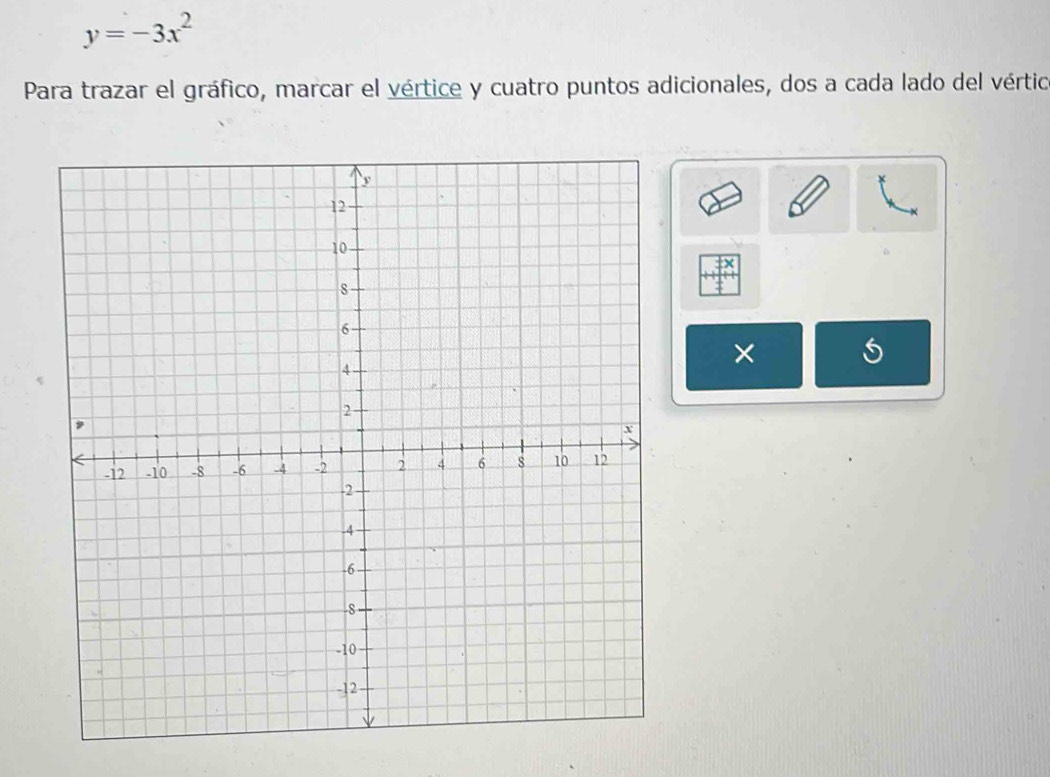 y=-3x^2
Para trazar el gráfico, marcar el vértice y cuatro puntos adicionales, dos a cada lado del vértic 
×