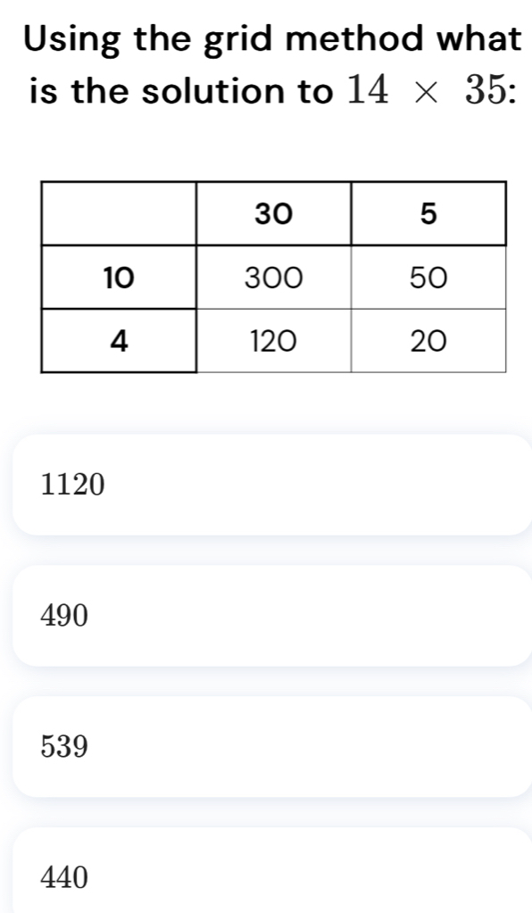 Using the grid method what
is the solution to 14* 35 :
1120
490
539
440