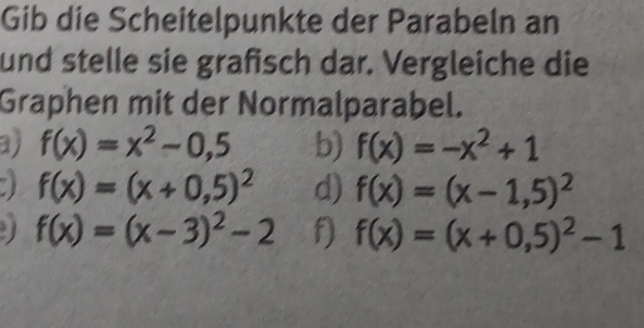 Gib die Scheitelpunkte der Parabeln an 
und stelle sie grafisch dar. Vergleiche die 
Graphen mit der Normalparabel. 
ay f(x)=x^2-0,5 b) f(x)=-x^2+1
a f(x)=(x+0,5)^2 d) f(x)=(x-1,5)^2
f(x)=(x-3)^2-2 f) f(x)=(x+0,5)^2-1