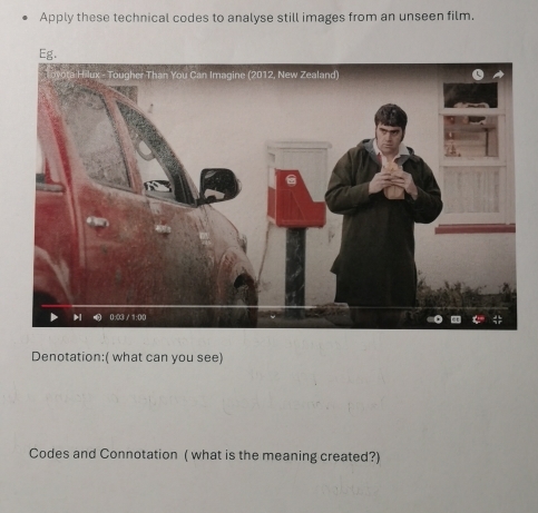 Apply these technical codes to analyse still images from an unseen film. 
Denotation:( what can you see) 
Codes and Connotation ( what is the meaning created?)