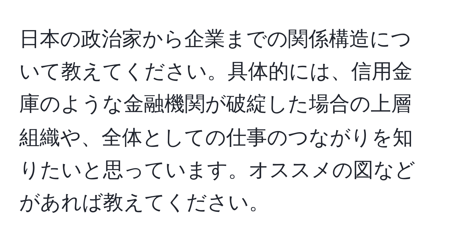 日本の政治家から企業までの関係構造について教えてください。具体的には、信用金庫のような金融機関が破綻した場合の上層組織や、全体としての仕事のつながりを知りたいと思っています。オススメの図などがあれば教えてください。