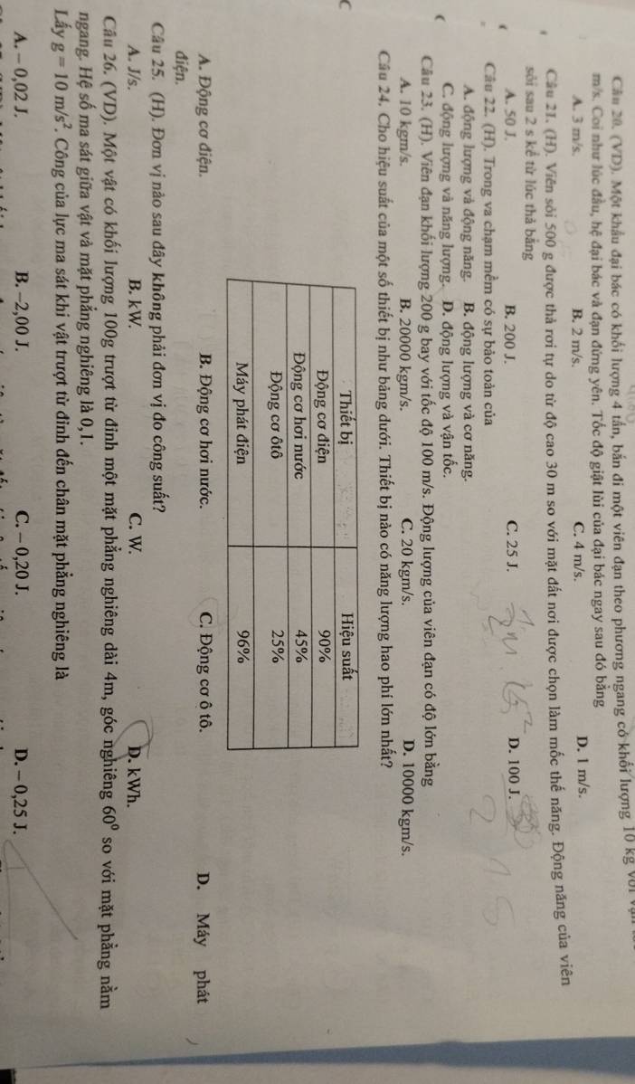 Cău 20. (VD). Một khẩu đại bác có khối lượng 4 tần, bắn đi một viên đạn theo phương ngang có khổi lượng 10 kg Với v
m/s. Coi như lúc đầu, hệ đại bác và đạn đứng yên. Tốc độ giật lùi của đại bác ngay sau đó bằng
A. 3 m/s, B. 2 m/s. C. 4 m/s. D. 1 m/s.
Câu 21. (H). Viên sỏi 500 g được thả rơi tự do từ độ cao 30 m so với mặt đất nơi được chọn làm mốc thế năng. Động năng của viên
sỏi sau 2 s kể từ lúc thả bằng
A. 50 J. B. 200 J. C. 25 J. D. 100 J.
Câu 22. (H). Trong va chạm mềm có sự bảo toàn của
A. động lượng và động năng. B. động lượng và cơ năng.
( C. động lượng và năng lượng. D. động lượng và vận tốc.
Câu 23. (H). Viên đạn khối lượng 200 g bay với tốc độ 100 m/s. Động lượng của viên đạn có độ lớn bằng
A. 10 kgm/s. B. 20000 kgm/s. C. 20 kgm/s. D. 10000 kgm/s.
Câu 24. Cho hiệu suất của một số thiết bị như bảng dưới. Thiết bị nào có năng lượng hao phí lớn nhất?
C
A. Động cơ điện. B. Động cơ hơi nước. C. Động cơ ô tô. D. Máy phát
điện.
Câu 25. (H). Đơn vị nào sau đây không phải đơn vị đo công suất?
A. J/s. B. kW. C. W. D. kWh.
Cầu 26. (VD). Một vật có khối lượng 100g trượt từ đỉnh một mặt phẳng nghiêng dài 4m, góc nghiêng 60° so với mặt phẳng nằm
ngang. Hệ số ma sát giữa vật và mặt phẳng nghiêng là 0,1.
Lấy g=10m/s^2 * Công của lực ma sát khi vật trượt từ đỉnh đến chân mặt phẳng nghiêng là
A. - 0,02 J. B. -2,00 J. C. - 0,20 J. D. - 0,25 J.