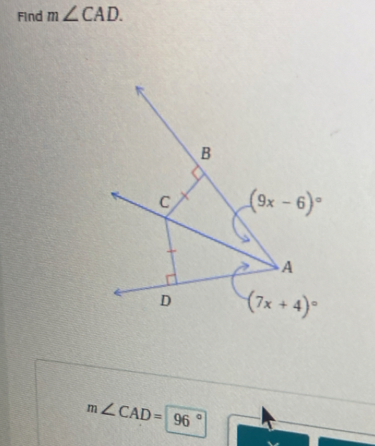 Find m∠ CAD.
m∠ CAD=96°