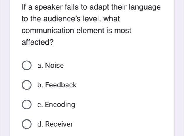 If a speaker fails to adapt their language
to the audience's level, what
communication element is most
affected?
a. Noise
b. Feedback
c. Encoding
d. Receiver