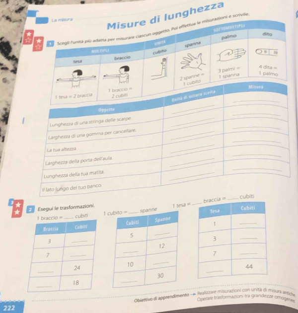 nghezza
e scrivile
4  Esegui le trasformazioni.
cubiti 1 1tes3=
- Realizzare misurazioni con unità di misura anticha
Obiettivo di apprendimento
Operare trasformazioni tra grandezze omogenes
222