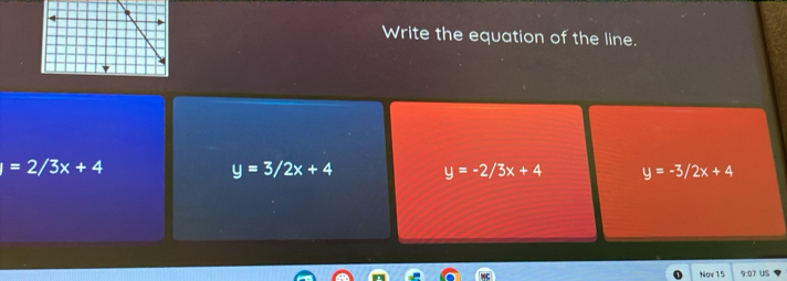 Write the equation of the line.
I=2/3x+4
y=3/2x+4 y=-2/3x+4 y=-3/2x+4
Nov 15 9.07 US