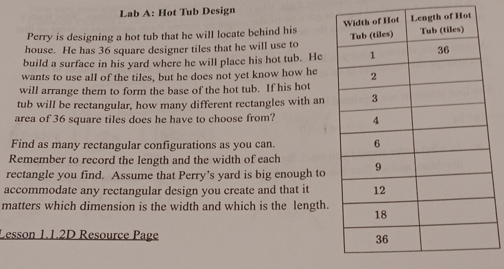 Lab A: Hot Tub Design 
Perry is designing a hot tub that he will locate behind his 
house. He has 36 square designer tiles that he will use to 
build a surface in his yard where he will place his hot tub. He 
wants to use all of the tiles, but he does not yet know how he 
will arrange them to form the base of the hot tub. If his hot 
tub will be rectangular, how many different rectangles with an 
area of 36 square tiles does he have to choose from? 
Find as many rectangular configurations as you can. 
Remember to record the length and the width of each 
rectangle you find. Assume that Perry’s yard is big enough to 
accommodate any rectangular design you create and that it 
matters which dimension is the width and which is the length. 
Lesson 1.1.2D Resource Page