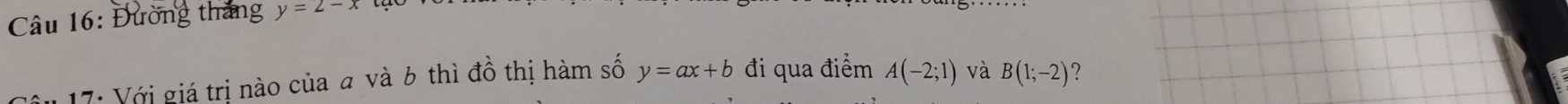 Đường thắng y=2-x
17: Với giá trị nào của a và 6 thì đồ thị hàm số y=ax+b đi qua điểm A(-2;1) và B(1;-2) 2