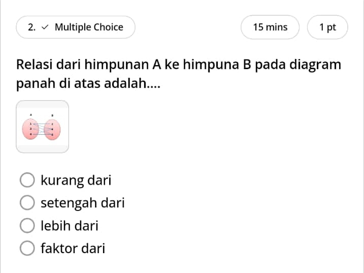 √ Multiple Choice 15 mins 1 pt
Relasi dari himpunan A ke himpuna B pada diagram
panah di atas adalah....
1
kurang dari
setengah dari
lebih dari
faktor dari