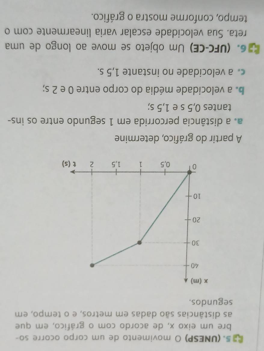 (UNESP) O movimento de um corpo ocorre so-
bre um eixo x, de acordo com o gráfico, em que
as distâncias são dadas em metros, e o tempo, em
segundos.
A partir do gráfico, determine
a. a distância percorrida em 1 segundo entre os ins-
tantes 0,5 s e 1,5 s;
b. a velocidade média do corpo entre 0 e 2 s;
c a velocidade no instante 1,5 s.
296. (UFC-CE) Um objeto se move ao longo de uma
reta. Sua velocidade escalar varia linearmente com o
tempo, conforme mostra o gráfico.