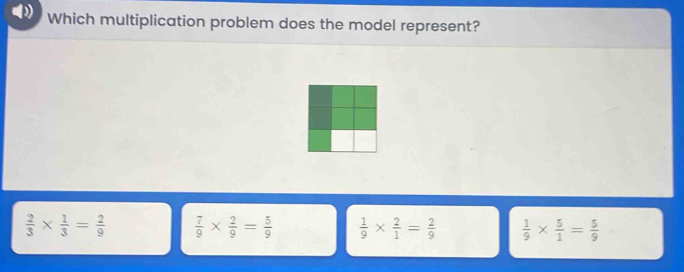 Which multiplication problem does the model represent?
 2/3 *  1/3 = 2/9 
 7/9 *  2/9 = 5/9 
 1/9 *  2/1 = 2/9 
 1/9 *  5/1 = 5/9 