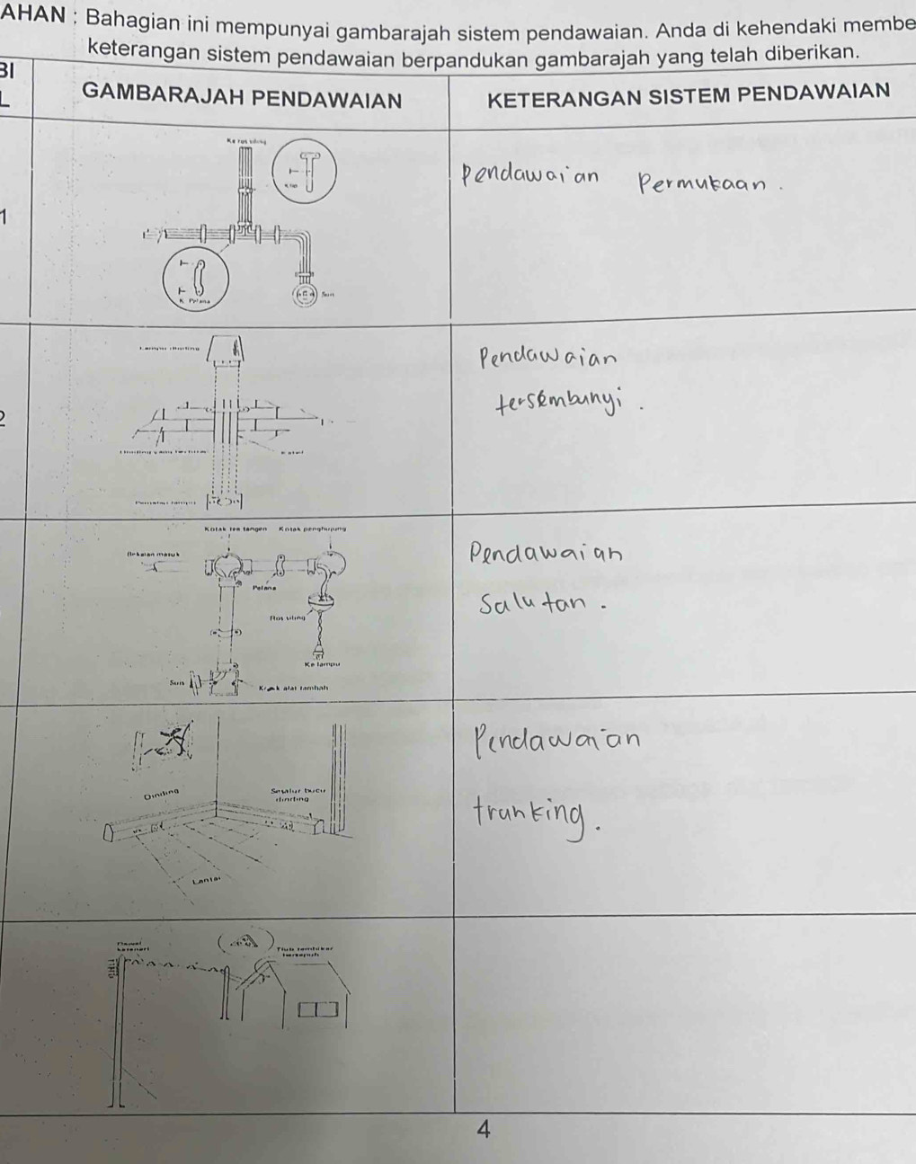 AHAN : Bahagian ini mempunyai gambarajah sistem pendawaian. Anda di kehendaki membe 
keterangan sistem pendarajah yang telah diberikan. 
BI 
AN
4