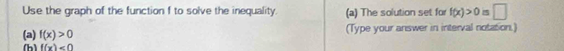 Use the graph of the function f to solve the inequality. (a) The solution set for f(x)>0
(a) f(x)>0 (Type your answer in interval notation.) 
(b) f(x)<0</tex>