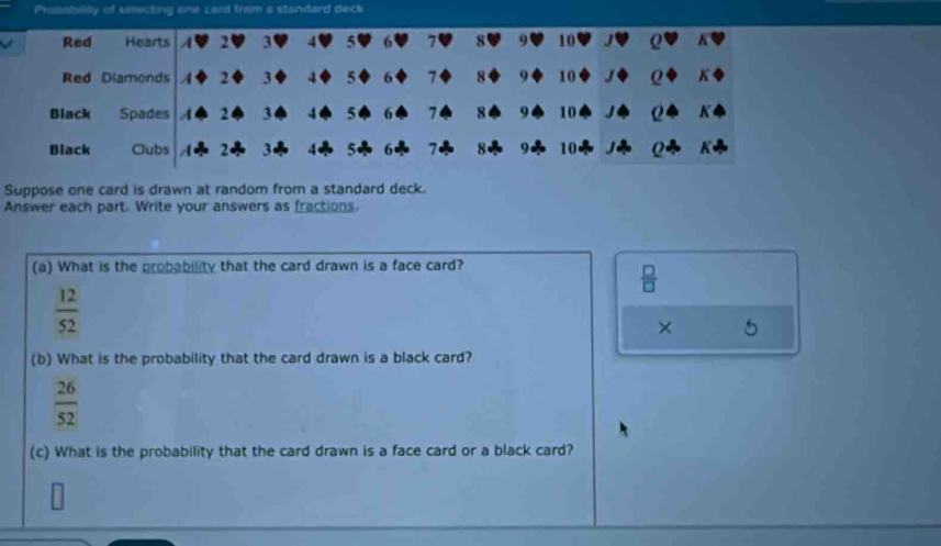 Prosability of selecting one card from a standard deck 
Suppose one card is drawn at random from a standard deck. 
Answer each part. Write your answers as fractions. 
(a) What is the probability that the card drawn is a face card?
 □ /□  
 12/52 
× 
(b) What is the probability that the card drawn is a black card?
 26/52 
(c) What is the probability that the card drawn is a face card or a black card?