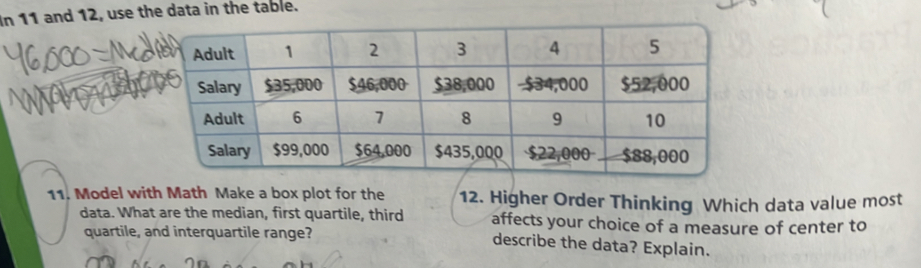 In 11 and 12, use the data in the table. 
11. Model with Math Make a box plot for the 12. Higher Order Thinking Which data value most 
data. What are the median, first quartile, third affects your choice of a measure of center to 
quartile, and interquartile range? 
describe the data? Explain.