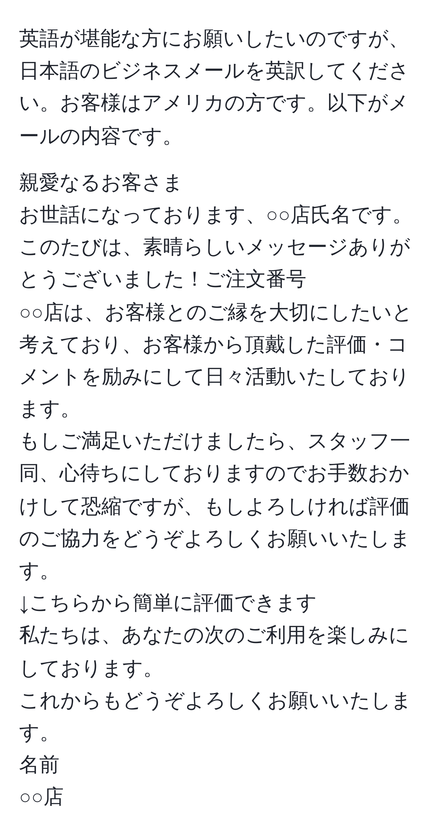 英語が堪能な方にお願いしたいのですが、日本語のビジネスメールを英訳してください。お客様はアメリカの方です。以下がメールの内容です。

親愛なるお客さま
お世話になっております、○○店氏名です。
このたびは、素晴らしいメッセージありがとうございました！ご注文番号
○○店は、お客様とのご縁を大切にしたいと考えており、お客様から頂戴した評価・コメントを励みにして日々活動いたしております。
もしご満足いただけましたら、スタッフ一同、心待ちにしておりますのでお手数おかけして恐縮ですが、もしよろしければ評価のご協力をどうぞよろしくお願いいたします。
↓こちらから簡単に評価できます
私たちは、あなたの次のご利用を楽しみにしております。
これからもどうぞよろしくお願いいたします。
名前
○○店