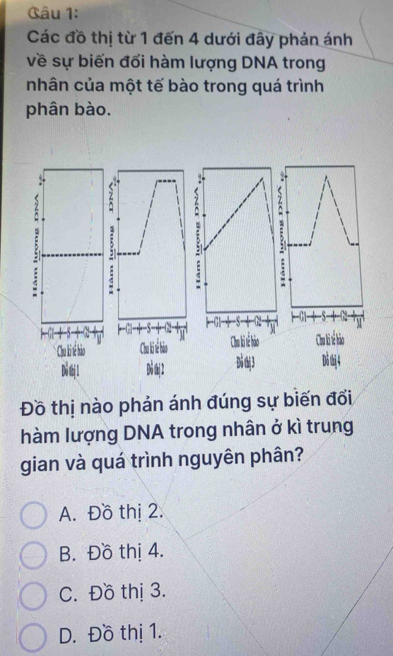 Các đồ thị từ 1 đến 4 dưới đây phản ánh
về sự biến đổi hàm lượng DNA trong
nhân của một tế bào trong quá trình
phân bào.
5 z
u :
`

G1 |-G1

Chu ki tế hào
Đồ thị 2 Đô thị 3 Dô thị 4
Đồ thị nào phản ánh đúng sự biến đổi
hàm lượng DNA trong nhân ở kì trung
gian và quá trình nguyên phân?
A. Đồ thị 2.
B. Đồ thị 4.
C. Đồ thị 3.
D. Đồ thị 1.