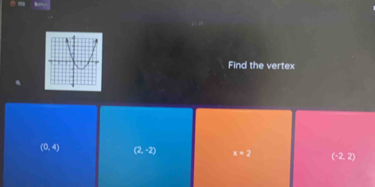 Find the vertex
(0,4)
(2,-2)
x=2
(-2,2)