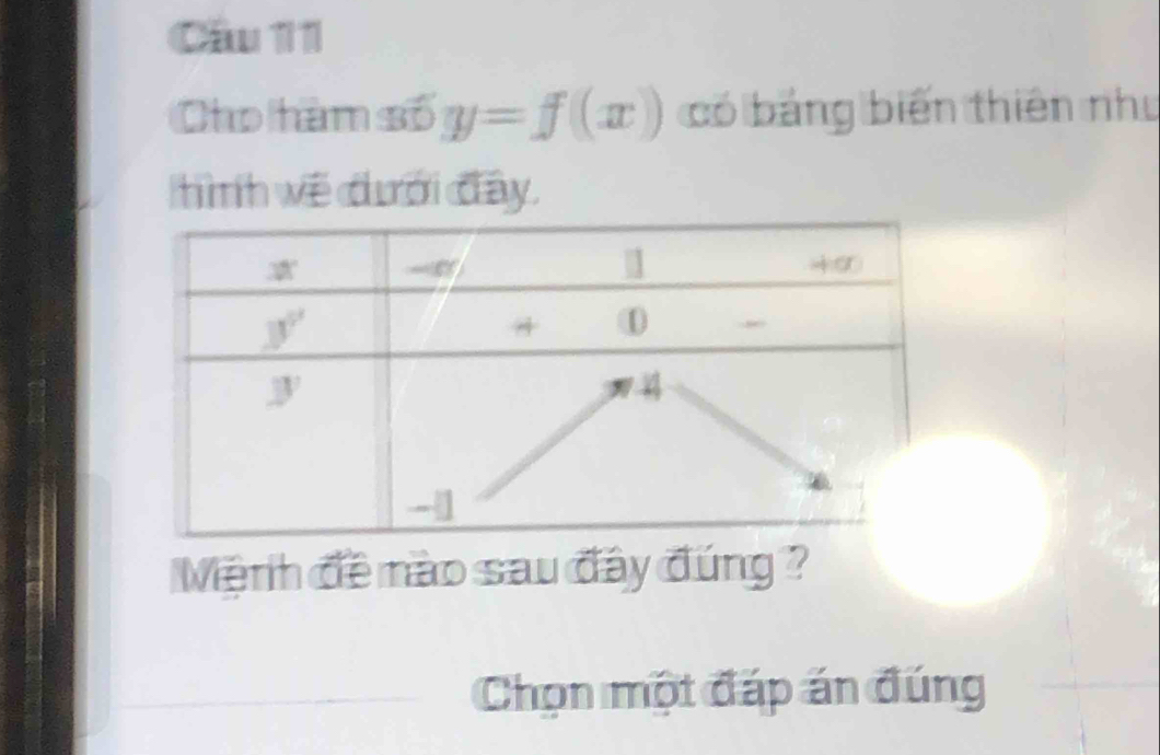 Cầu 11
Cho hàm số y=f(x) có bảng biến thiên như
hình về đưới đây.
Mệnh đề nào sau đây đúng ?
Chọn một đáp án đúng