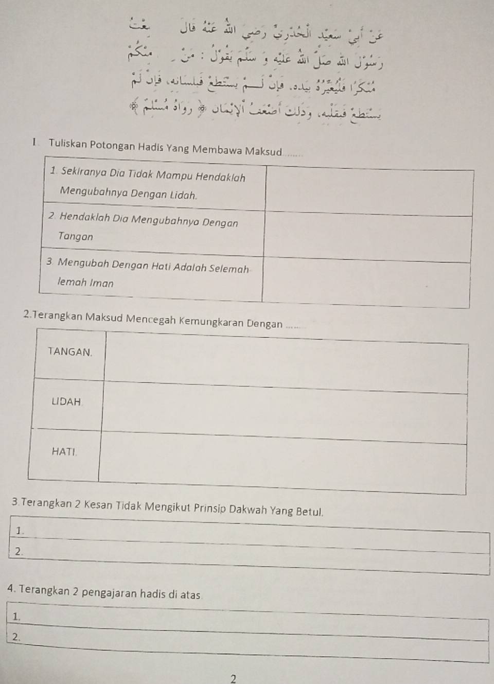 Juyi Cai C 

1 Tuliskan Potongan Hadis Yang Memba 
ksud Mencegah Kem 
.Terangkan 2 Kesan Tidak Mengikut Prinsip Dakwah Yang Betul. 
1. 
2. 
4. Terangkan 2 pengajaran hadis di atas 
1. 
2. 
2