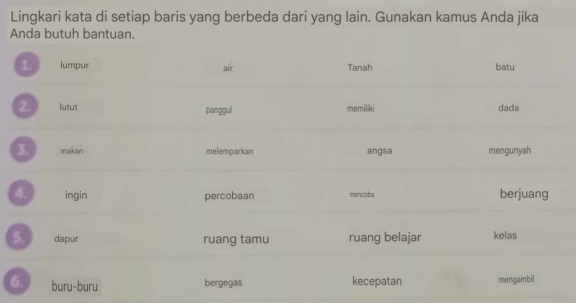 Lingkari kata di setiap baris yang berbeda dari yang lain. Gunakan kamus Anda jika 
Anda butuh bantuan. 
1. lumpur air Tanah batu 
2. lutut panggul memiliki dada 
3. makan melemparkan angsa mengunyah 
4. ingin percobaan mencoba berjuang 
5. dapur ruang tamu ruang belajar kelas 
6. buru-buru 
bergegas kecepatan mengambil