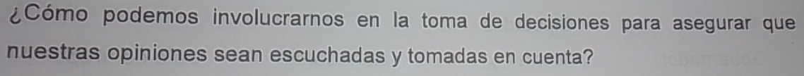 ¿Cómo podemos involucrarnos en la toma de decisiones para asegurar que 
nuestras opiniones sean escuchadas y tomadas en cuenta?