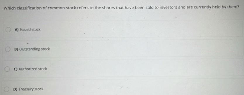 Solved: Which classification of common stock refers to the shares that ...