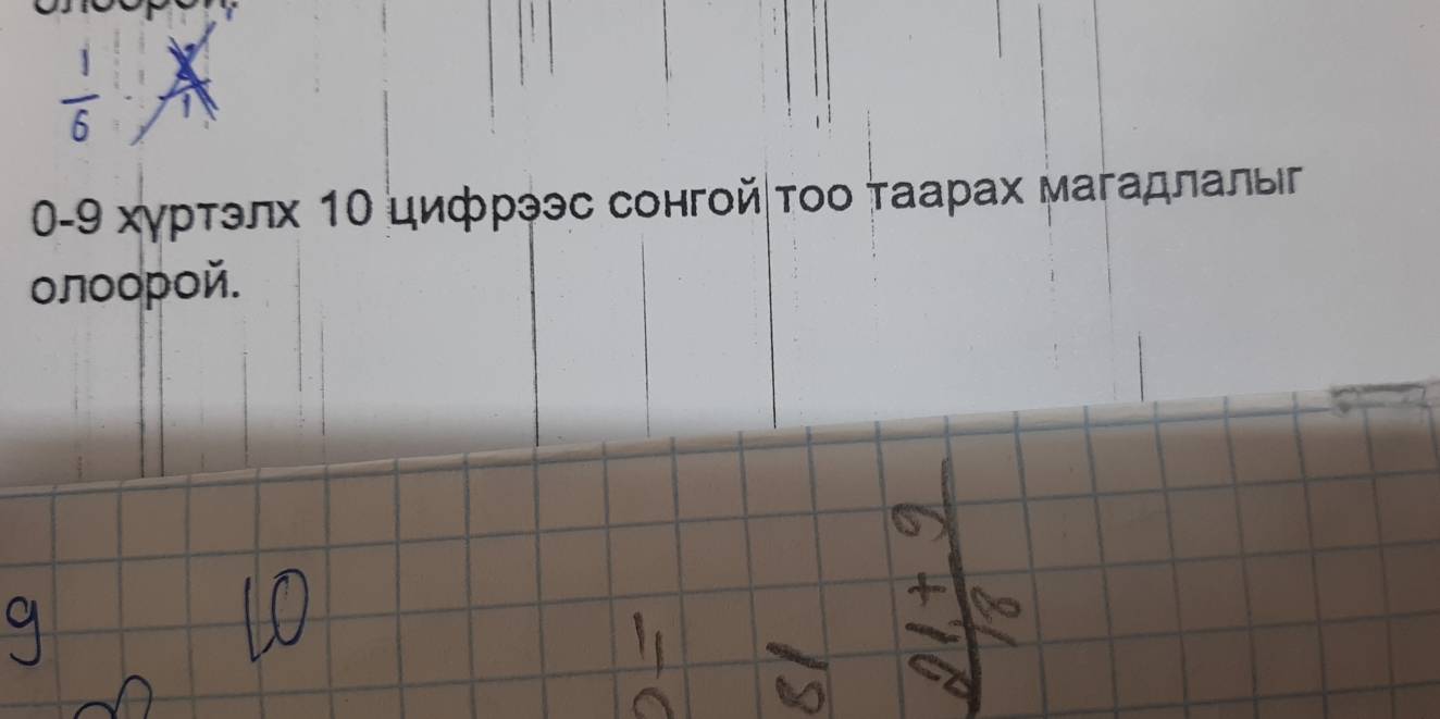 0-9 хγрτэлх 1Ο цифрээс сонгοйετοο τаарах магадπалыг 
олоорой.