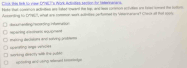 Click this link to view 0° NET's Work Activities section for Veterinarians.
Note that common activities are listed toward the top, and less common activities are listed toward the Sotlom.
According to O' NET, what are common work activities performed by Veterinarians? Check all that apply.
documenting/recording information
repairing electronic equipment
making decisions and solving problems
operating large vehicles
working directly with the public
updating and using relevant knowledge