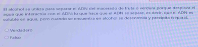 El alcohol se utiliza para separar el ADN del macerado de fruta o verdura porque desplaza el
agua que interactúa con el ADN; lo que hace que el ADN se separe, es decir, que el ADN es
soluble en agua, pero cuando se encuentra en alcohol se desenrrolla y precipita (separa).
Verdadero
Falso