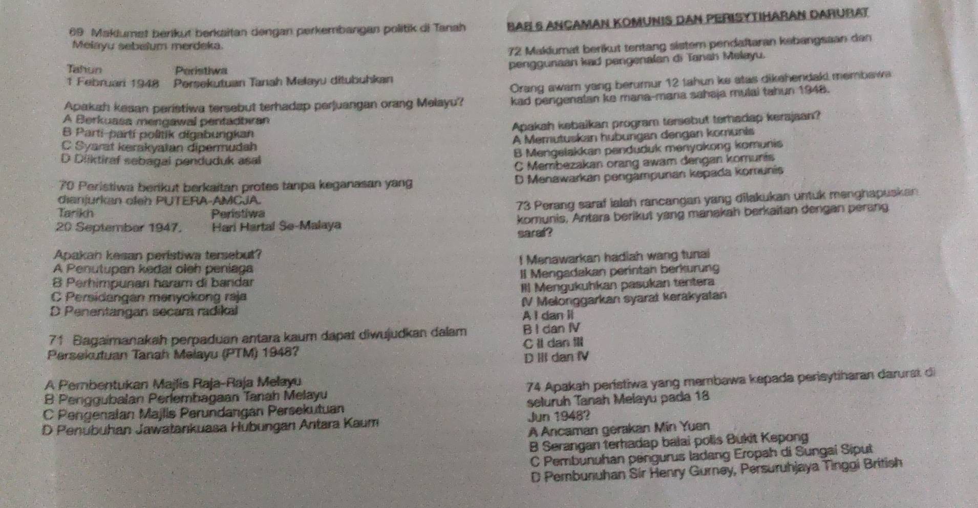 Maklumet beriküt berkaitan dengan perkembangan politik di Tanah BAB S ANCAMAN KOMUNIS DAN PERISYTIHARAN DARURAT
Melayu sebelum merdeka.
72 Maklumat berikut tentang sistem pendaftaran kebangsaan dan
Tahun Peristiwa
penggunaan kad pengenalan di Tanah Melayu.
1 Februan 1948 Persekutuan Tanah Melayu ditubuhkan
Orang awam yang berumur 12 tahun ke atas dikahendaki membawa
Apakah kesan peristiwa tersebut terhadap perjuangan orang Melayu? kad pengenalan ke mana-mana sahaja mulai tahun 1948.
A Berkuasa mengawal pentadbiran
Apakah kebaikan program tersebut terhadap kerajaan?
B Parti-partí politik digabungkan
A Memutuskan hubungan dengan komunis
C Syarat kerakyatan dipermudah
B Mengelakkan penduduk menyokong komuni
D Diiktiraf sebagal penduduk asal
C Membezakan orang awam dengan komunis
70 Peristiwa berikut berkaitan protes tanpa keganasan yang D Menawarkan pengampunan kepada komunis
dianjurkan oleh PUTERA-AMCJA.
73 Perang saraf ialah rancangan yang dilakukan untuk menghapuskan
Tarikh Peristiwa
20 Septembar 1947. Hari Hartal Se-Malaya komunis, Antara berikut yang manakah berkaitan dengan perang
saraf?
Apakan kesan peristiwa tersebut?
A Penutupan keđai oleh peniaga I Menawarkan hadiah wang tunai
B Perhimpuñan haram di bandar I Mengadakan perintah berkurung
C Persidangan mənyokong raja IIl Mengukuhkan pasukan tentera
D Penentangan secara radikal (V Melonggarkan syarat kerakyatan
A I dan Il
71 Bagaimanakah perpaduan antara kaum dapat diwujudkan dalam B I dan IV
Persekutuan Tanah Melayu (PTM) 1948? C ll dan ill
D III dan fV
A Pernbentukan Majlis Raja-Raja Melayu
B Penggubalan Perlembagaan Tanah Melayu 74 Apakah perístiwa yang membawa kepada perisytiharan darurst di
C Pengenalan Majlis Perundangan Persekutuan seluruh Tanah Melayu pada 13
D Penubuhan Jawatankuasa Hubungan Antara Kaum Jun 1948?
A Ancaman gerakan Mín Yuen
B Serangan terhadap balai polis Bukit Kepong
C Pembunuhan pengurus ladang Eropah di Sungai Siput
D Pembunuhan Sir Henry Gurney, Persuruhjaya Tinggi British